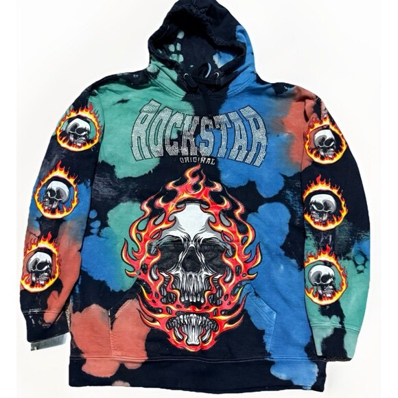 Rockstar Original Hoodie Mens XL Tie Dye Skull/Flames Sweatshirt Concert Tour - Picture 2 of 8